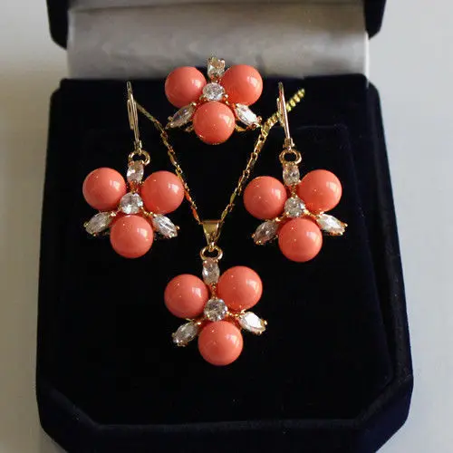 

free shipping>>> j003265 Charming 8mm Pink Shell Pearl Earring Pendant Ring #7/8/9 Jewelry Set can choose