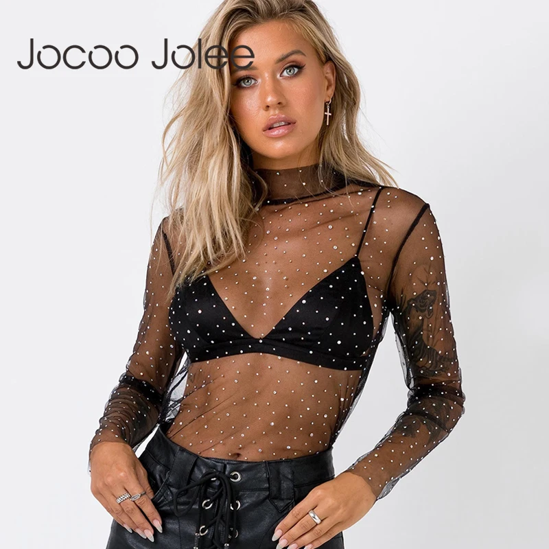 

Jocoo Jolee Women Sexy Sheer Lace Women Blouses Female Vintage Hollow Out Women Tops Polka Dot Sequin Shirt Blusas Feminina