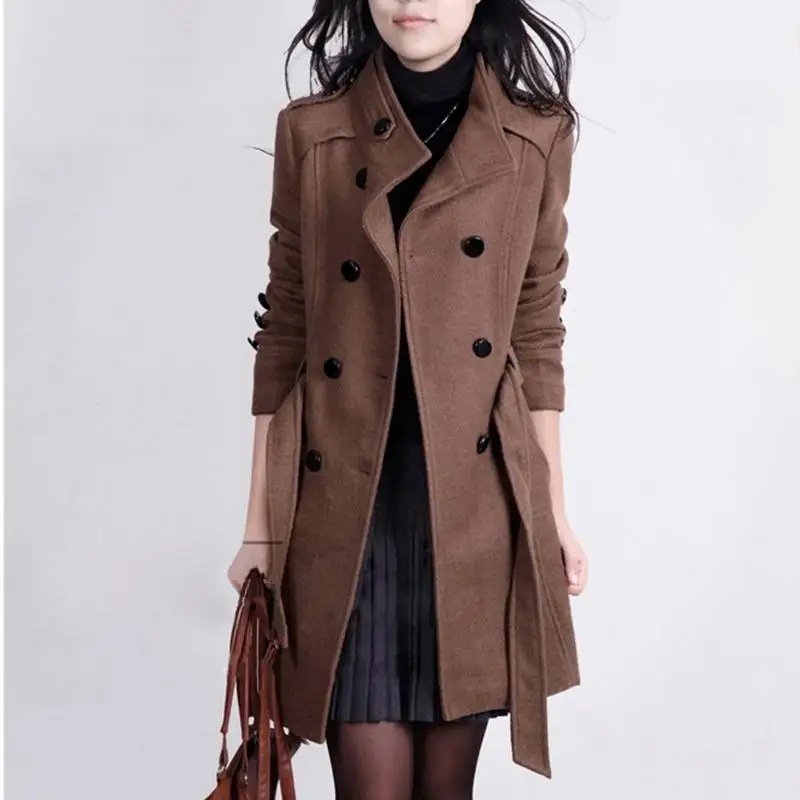 

2019 New women fashion woolen jacket spring autumn causal Double-breasted with belt jackets woman plus size medium long clothing