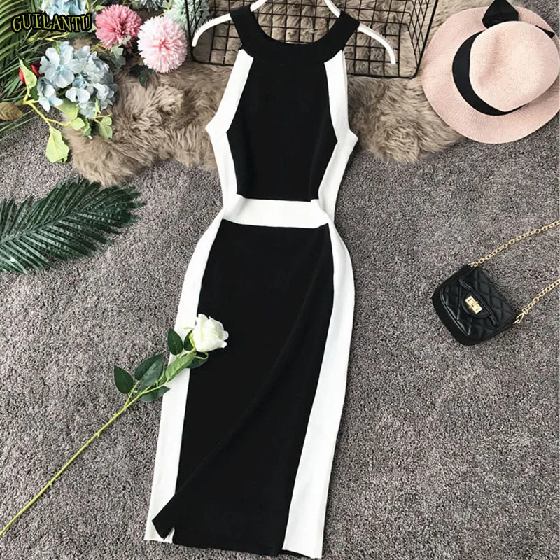 

2019 sleeveless O-neck short Bodycon dress women White Black Patchwork Knitting Cotton Knee-length pencil dresses summer casual