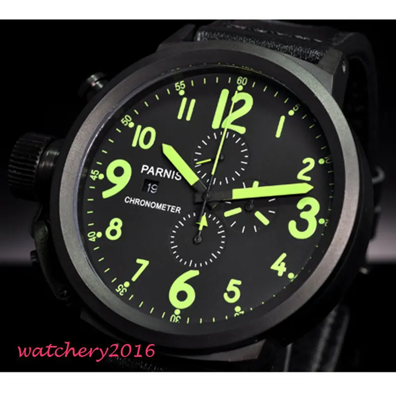 

50mm Parnis Big Face black dial PVD Coated Green Marks Complete Calendar Crystal chronograph Quartz Movement Men's Wristwatches