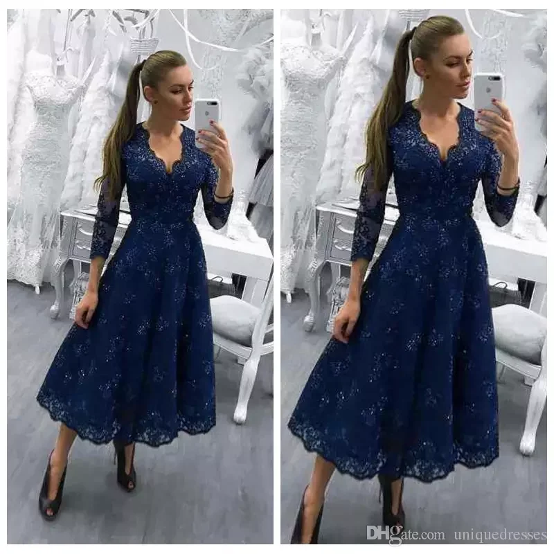 

V Neck Navy Blue three quarter Sleeves Lace Appliques Beaded Guest Tea Length Evening Gown 2018 Mother Of The Bride Dresses