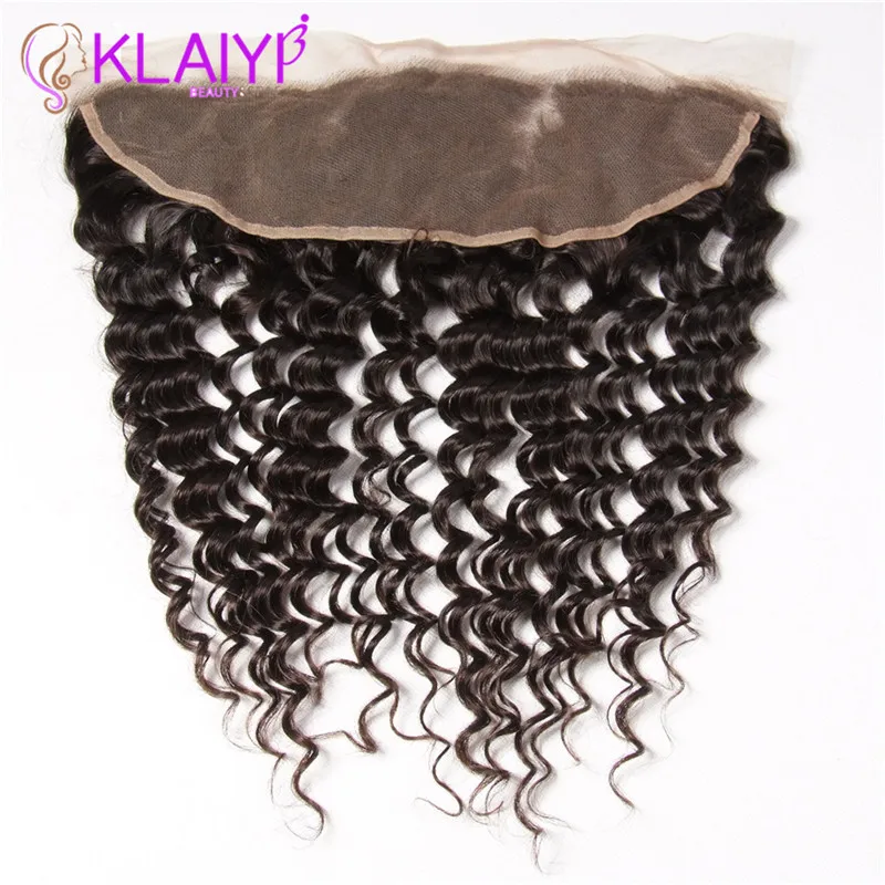 Klaiyi 13X4 Ear To Ear Lace Frontal Closure Without Bleached Knots Brazilian Deep Wave Frontal Remy Human Hair Lace Frontal