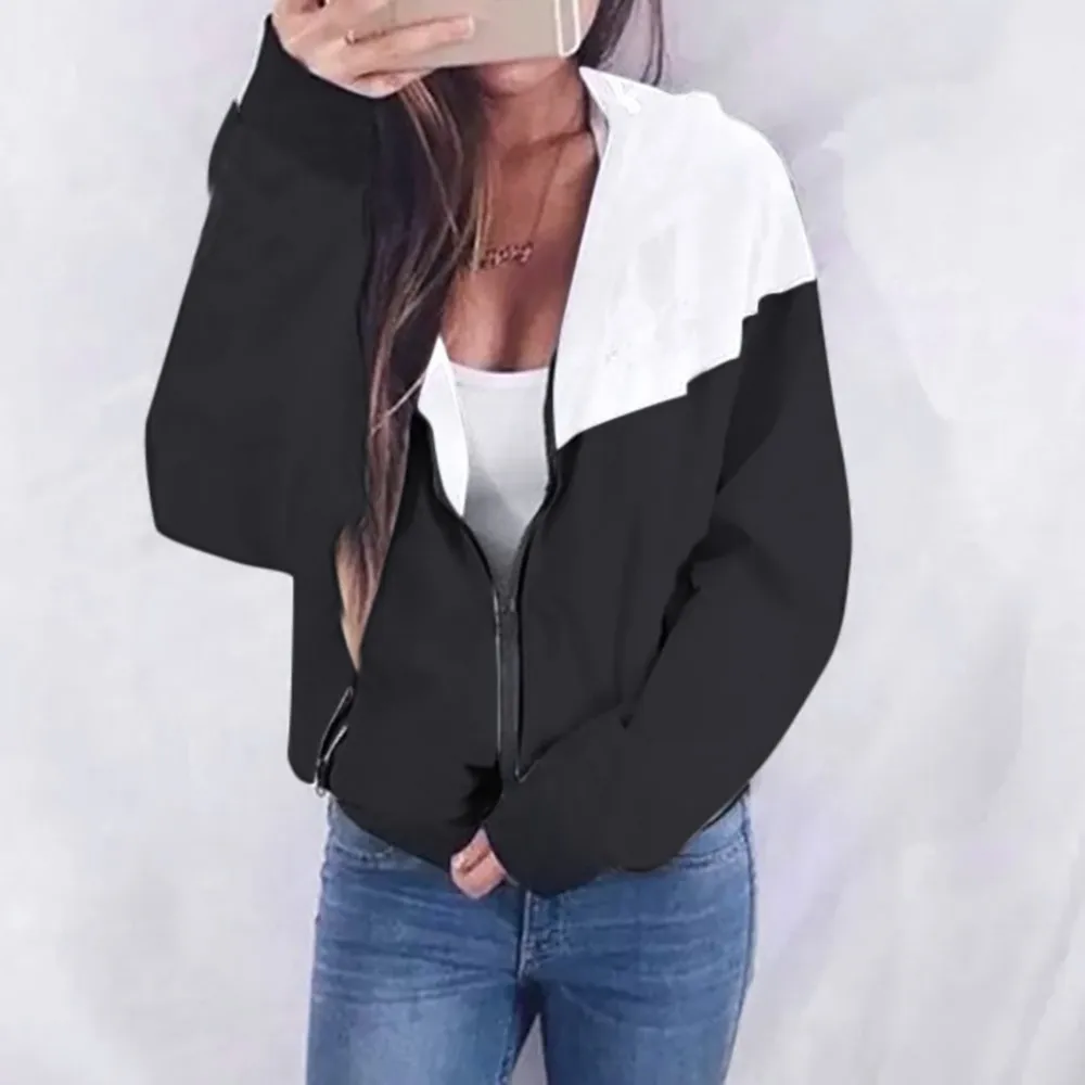 

Women Jackets 2018 Autumn Long Sleeve Patchwork Fashion Jacket Thin Hooded Zipper Pockets Sport Coat Ladies Windbreaker