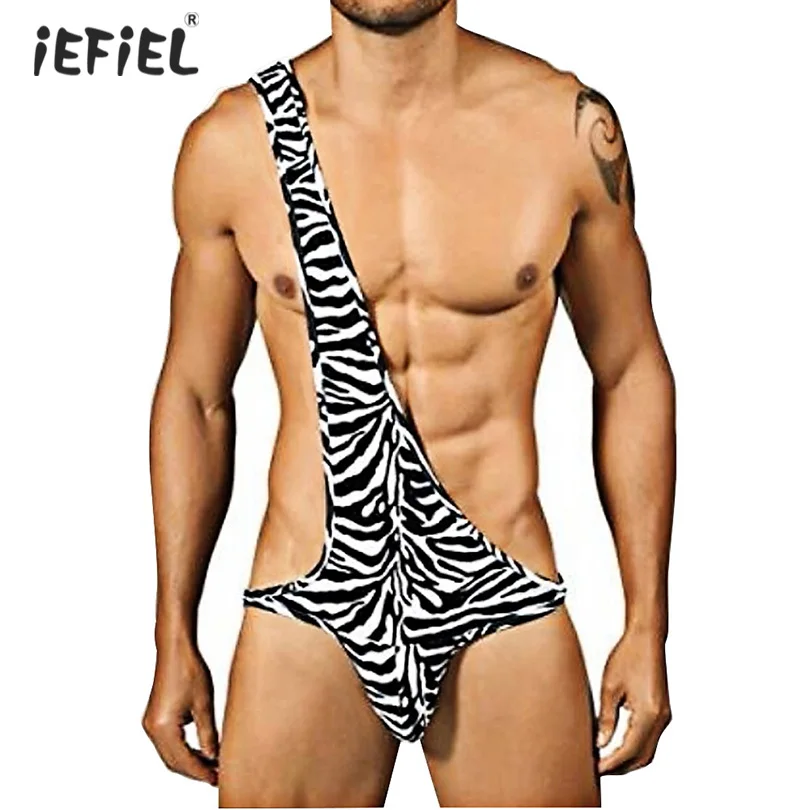 

Exotic Fetish Men One-shoulder Bodysuit Catsuit Stretchy Zebra Striped Lingerie Femme Thong Mankini Bodysuit Tanga Underwear