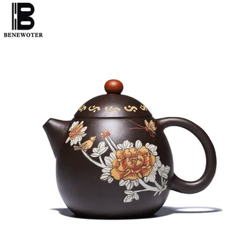 

270cc Yixing Purple Clay Teapot Hand Painted Flower Pattern Raw Ore Heijinsha Dragon Egg Pot Vintage Drinkware Puer Tea Kettles