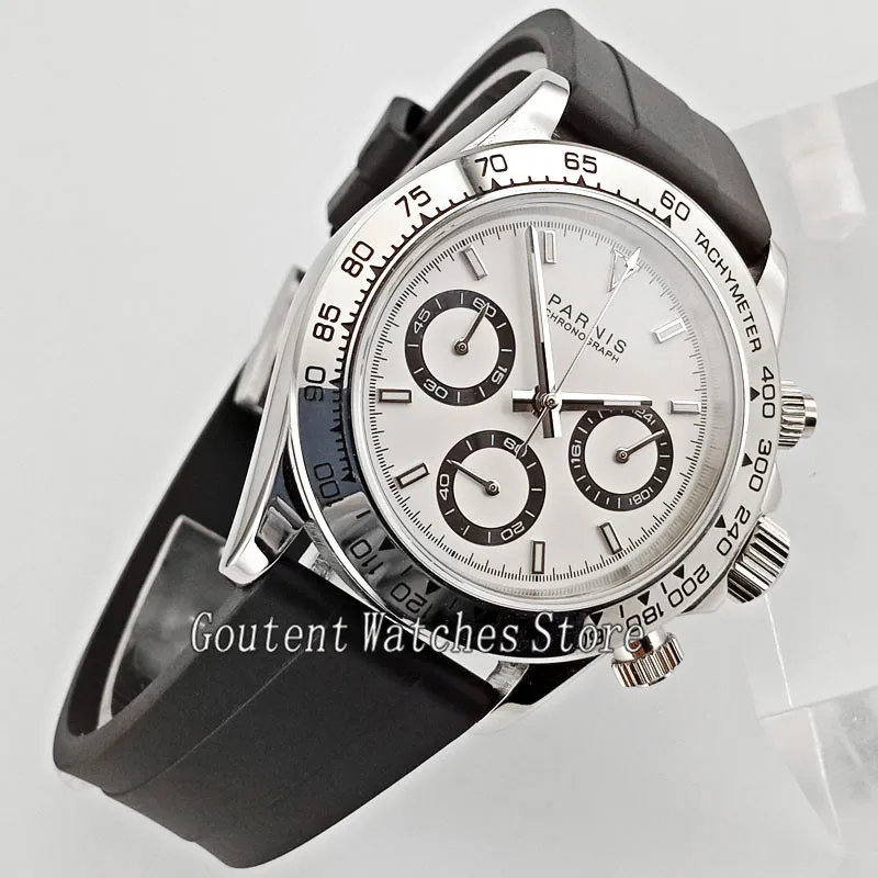 

39mm Parnis White Dial Black Leather Band Cermaic Bezel Chronograph Quartz Watch 2695