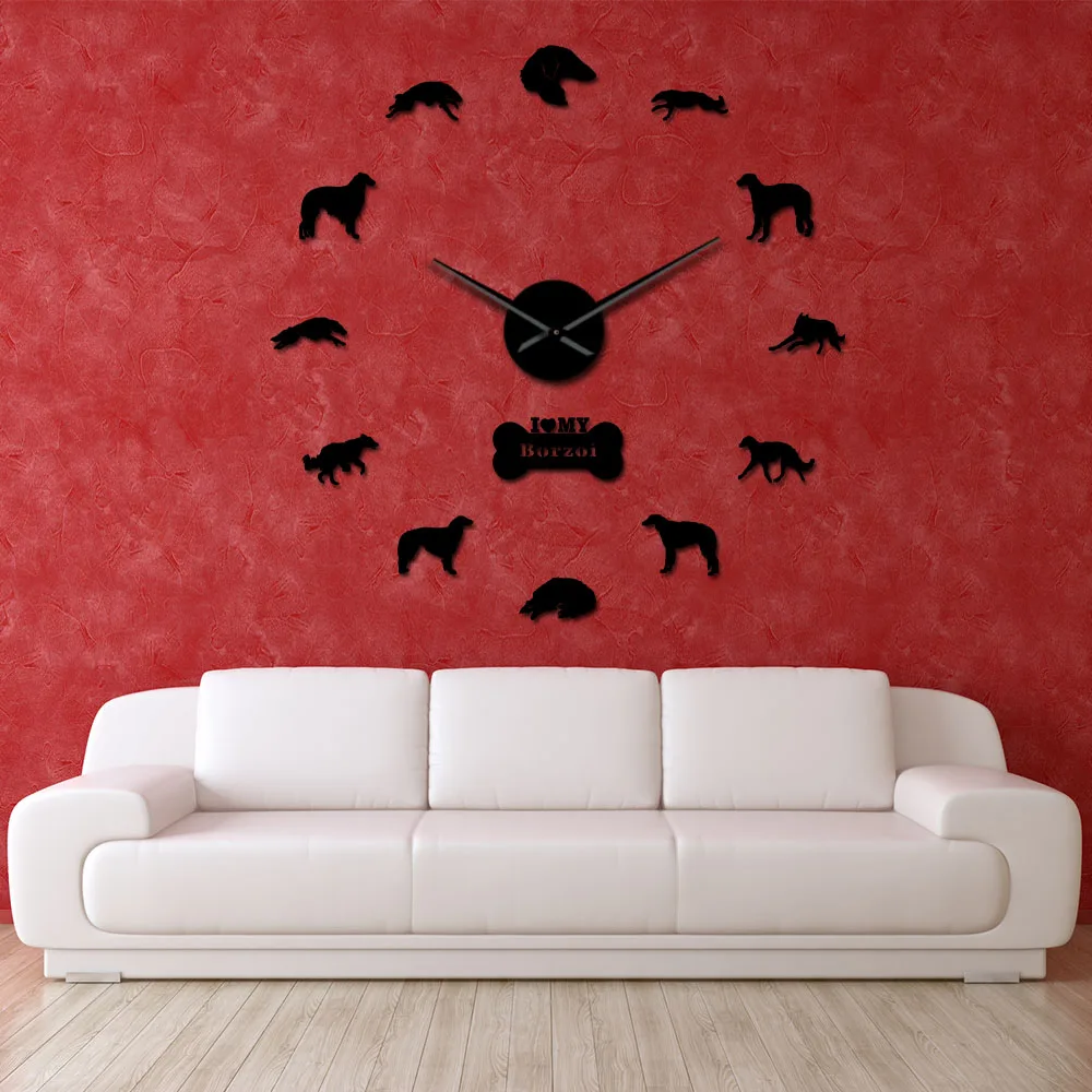 

Borzoi DIY Mirror Stickers Numbers Modern Wall Clock Russian Wolfhound Frameless Large Wall Watch Russkaya Psovaya Borzaya Gift