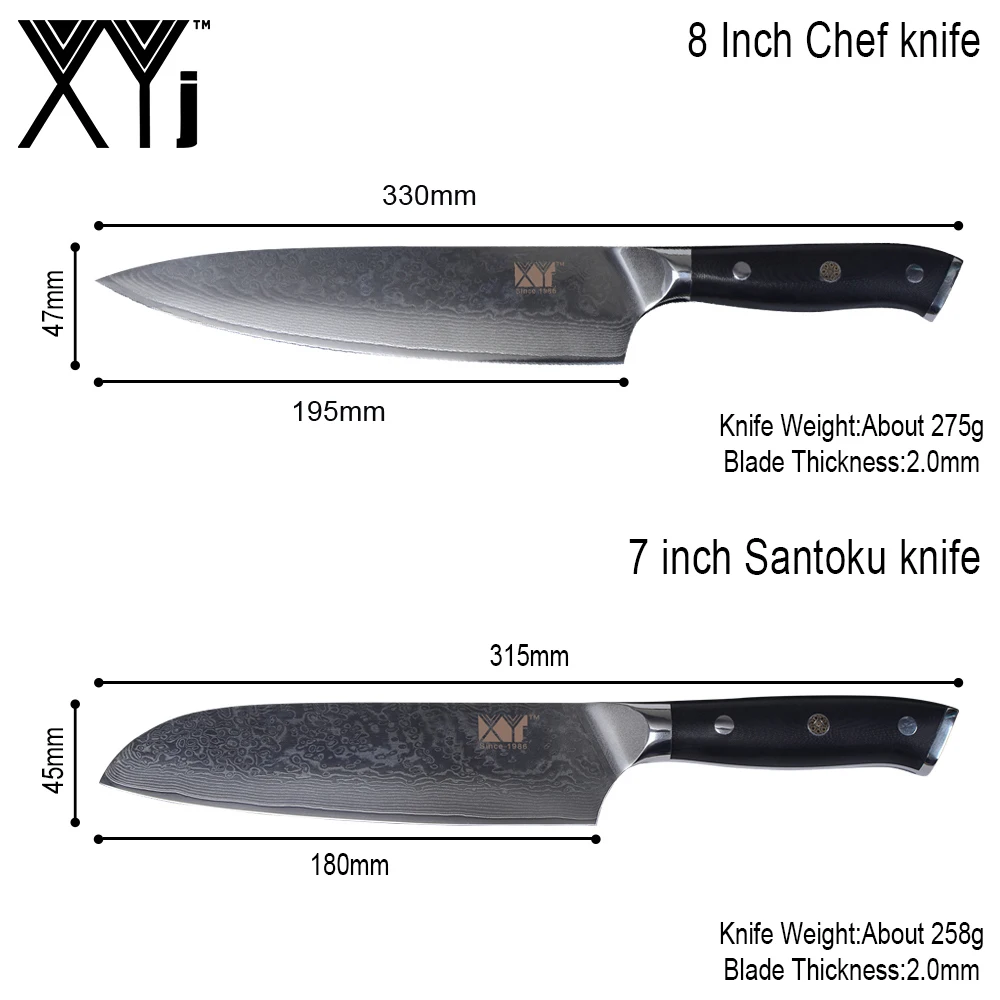  XYj Kitchen Knife Black G10 Handle Japanese Damascus Steel Sharp Blade 8 inch Chef 7 inch Santoku K - 32863023667