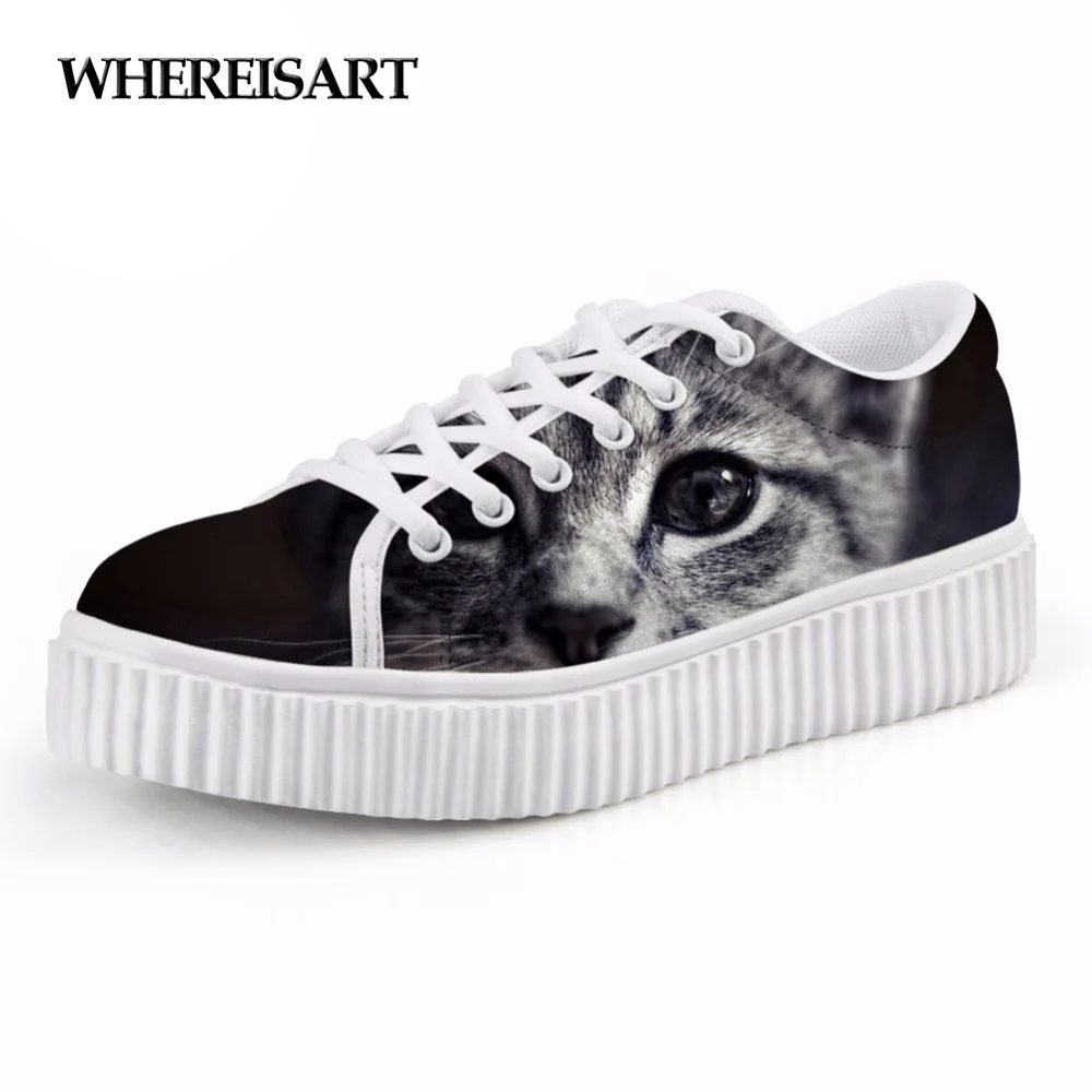 

WHEREISART Cute Women Flats Platform Shoes 3D Animal Black Cat Printed Women's Casual Height Increasing Shoes Female Low Zaptos