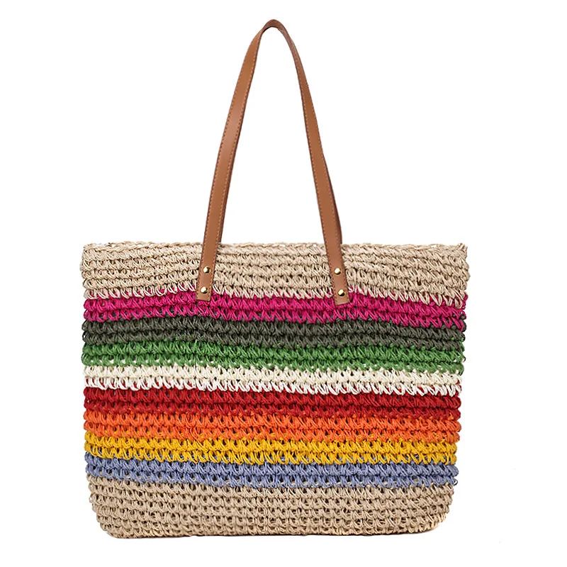 

2019 New Natural Rainbow Large Straw bag for Women Handbags Beach Holiday Ladies Shoulder Bag Hand-woven Trave Bag Female Tote