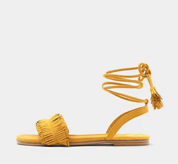 

Newest brand flat sandals women 2018 yellow lace up ladies shoes fringe sapatos feminino fashion beach shoes zapatillas mujer
