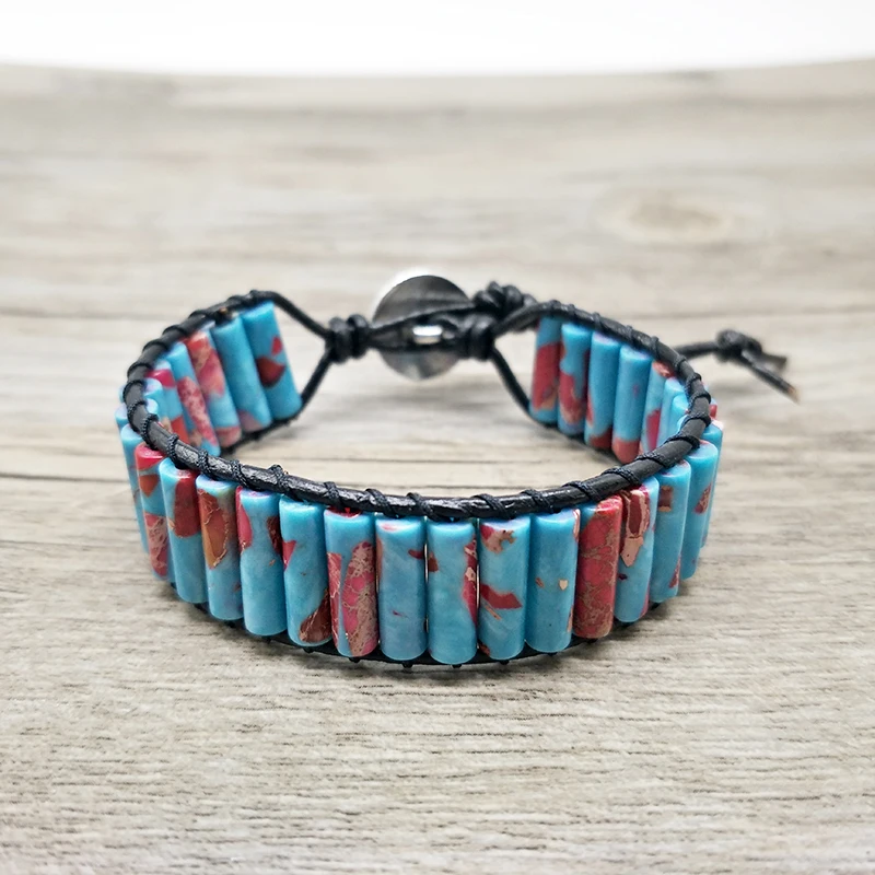 

New Fashion Tubular Natural Stone Single Leather Wrap Colored Bracelet Semi-precious Stones Women Beaded Bohemian Bracelets