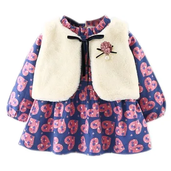 

Autumn Winter Baby Girls Dress Kids Velvet Cute Print Long Sleeve Dress Plush Vest For Girls Plus 2Pcs/set Children Clothing New