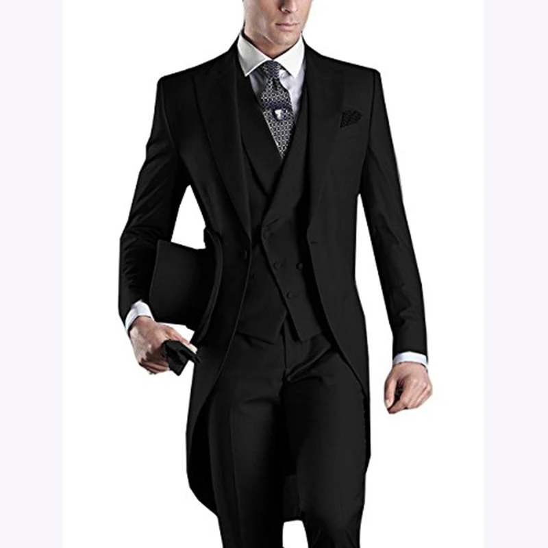 На заказ,, длинная куртка, фрак, Свадебный костюм для мужчин, из 3 предметов, мужские облегающие Черные смокинги жениха, костюмы жениха