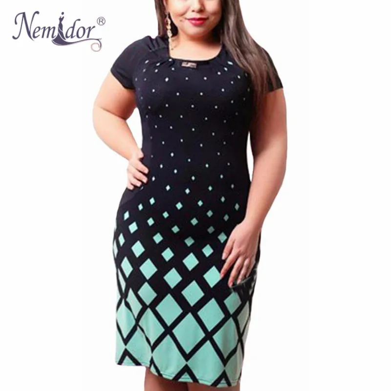 

Nemidor Summer New Arrival Women Plus SIze Short Sleeve Casual Dress Elegant Patchwork Contrast Midi Dress