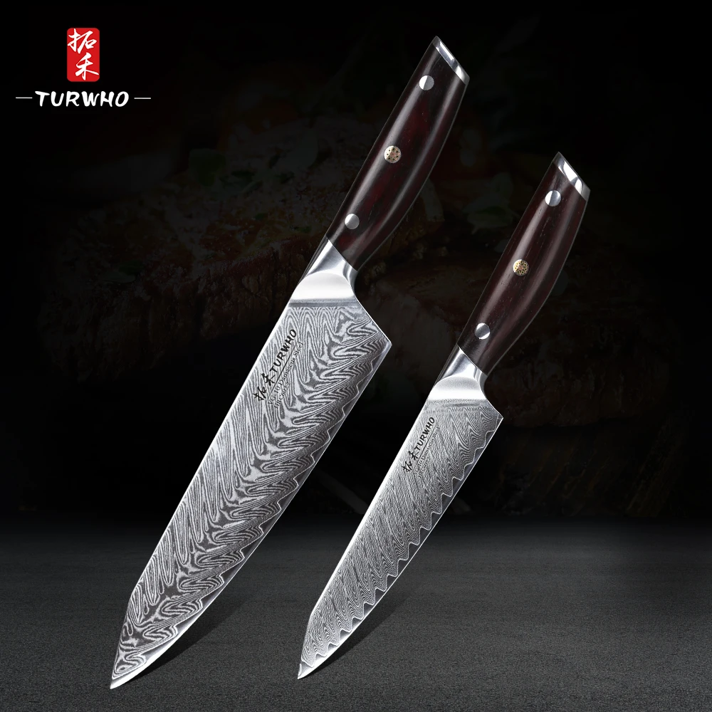 

TURWHO 2Pcs High quality Kitchen Knife Set professional Japanese Damascus Steel knife very sharp Chef Utility knife Cooking Tool