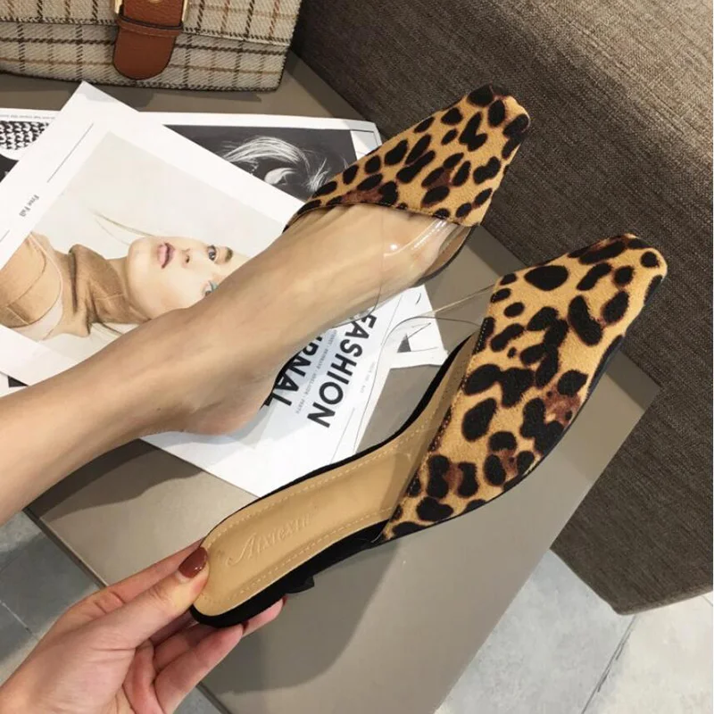 

Suede leopard closed toe slippers ladies modis cat heels transparent lazy flipflops female outing cozy mules slides women shoes