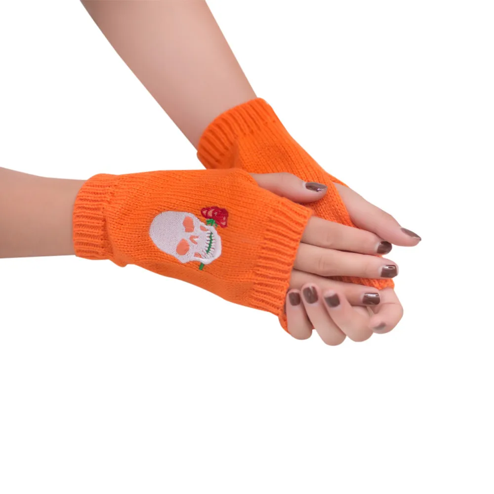 Перчатки без пальцев на Хэллоуин для женщин и девушек, мягкие теплые варежки с принтом черепа, вязаные теплые зимние женские перчатки ручной работы - Цвет: K