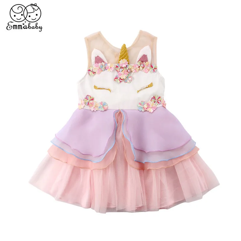 

Kids Sleeveless Dress For Girls 2018 Summer Baby Girls 3D Cartoon Unicorn Pattern Dresses New Child Chiffon Formal Dress 0-6Yrs