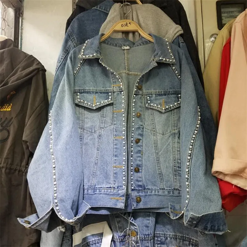 Vintage Jean Jacket Woman fashion Pearl Drilling and Washing Water Blue ...