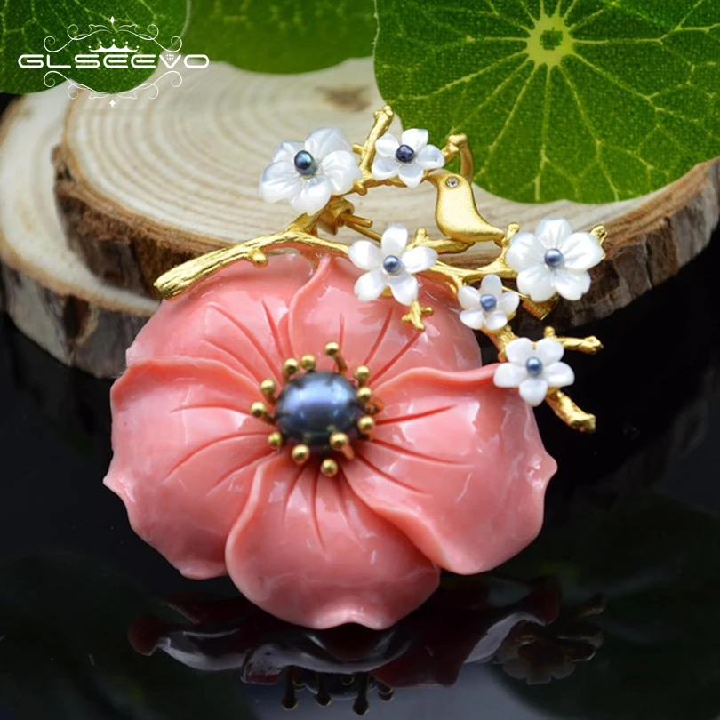 

XlentAg Coral Flower Natural Fresh Water Pearl Brooches For Women Party Wedding Gift Pendant Dual Use Luxury Fine Jewelry GO0038