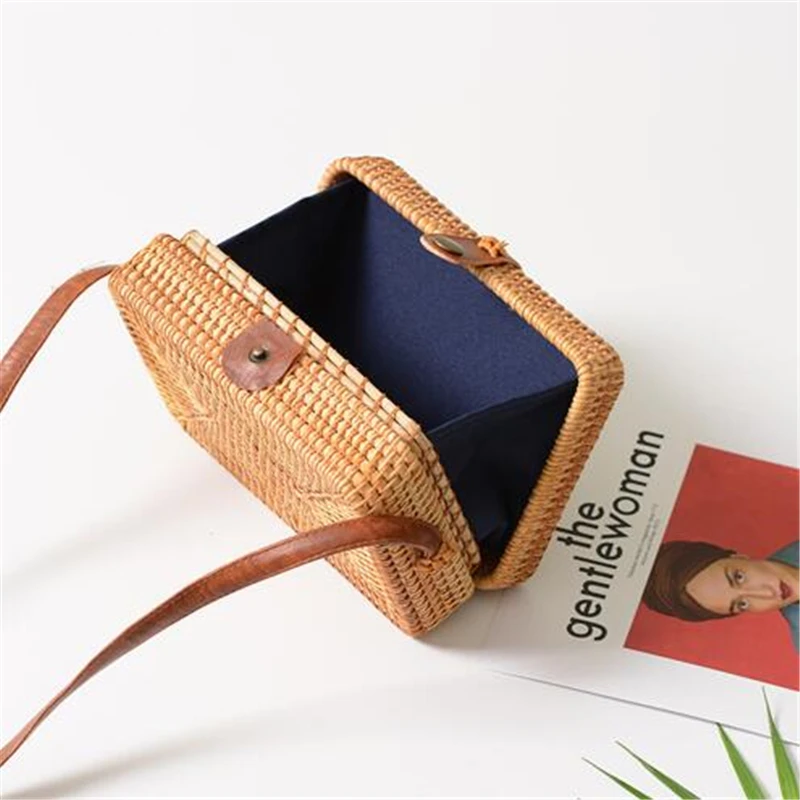 Bolsos de ratán de verano de moda para mujer, bolso de paja cuadrado redondo, bolsos de playa tejidos a mano, bolsos de mano círculo bohemio de Bali