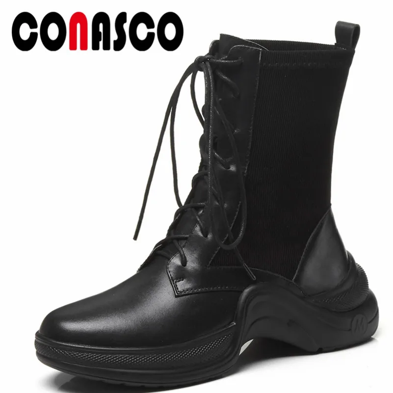 

CONASCO 1Fashion Women Ankle Boots Autumn Winter Warm Genuine Leather High Heels Shoes Woman Round Toe Cross-tied Casual Shoes