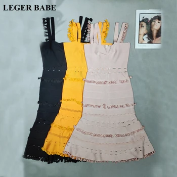 

LEGER BABE Hollow Out Tassels Bandage Dress Rayon Women A Line Vestidos Sexy Spaghetti Strap Midi Evening Party Dress HL