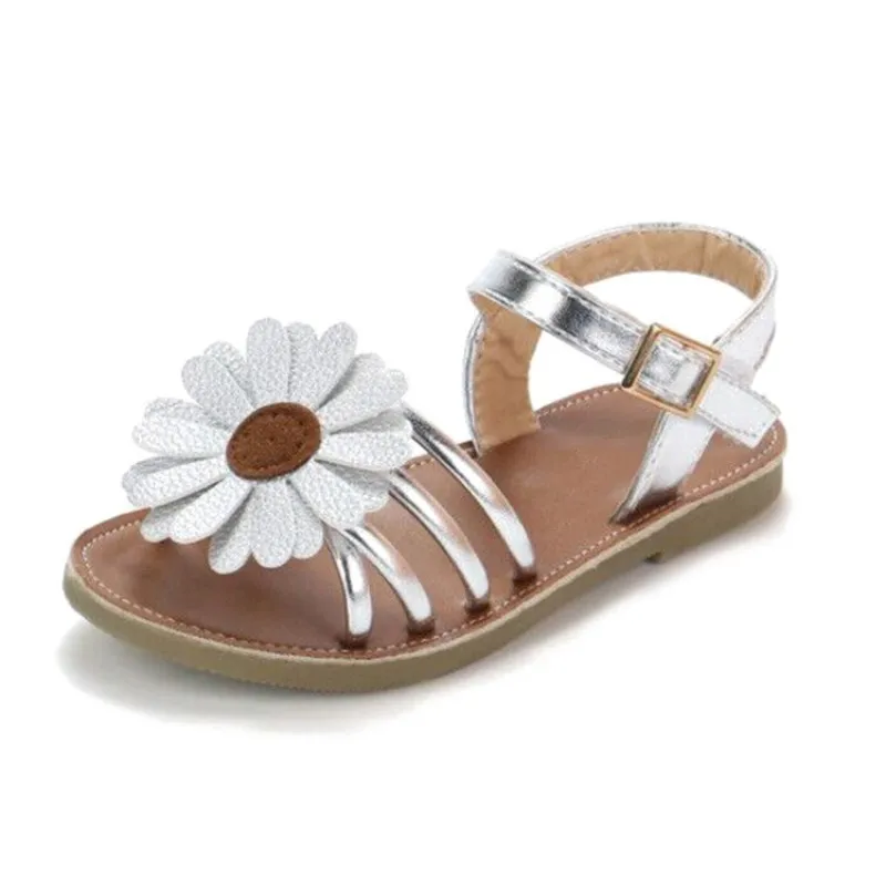 Летние детские сандалии для девочек, дышащая нескользящая обувь с цветочным принтом, сандалии на мягкой подошве, обувь принцессы, пляжная обувь - Цвет: silver