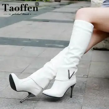 

Taoffen Crystal Thin High Heels Shoes Women Knee High Boots Slip On Winter Warm Boots Fashion Women Footwear Size 34-43