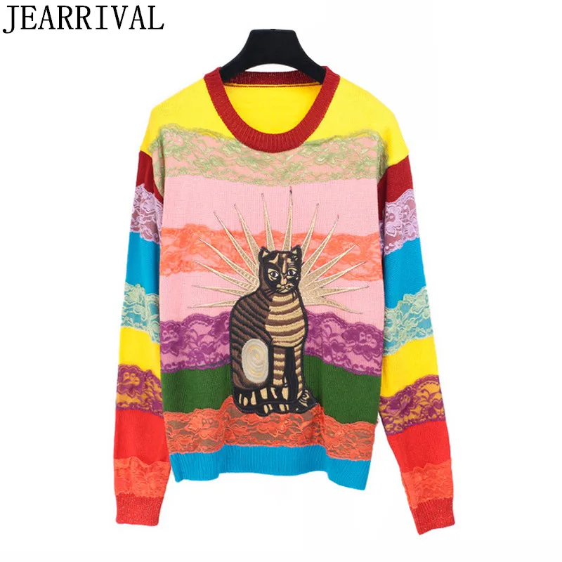 Runway Cat Embroidery Knitted Sweater 2018 Autumn Winter Women Long Sleeve O-Neck Oversized Pullovers Jumper Tops Pull Femme | Женская