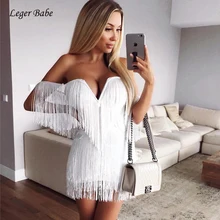 Herve Leger Babe Sexy V шеи Для женщин Бандажное платье кисточкой аппликации лето с плеча коктейль клуб вечерние платье мини платье с бахромой