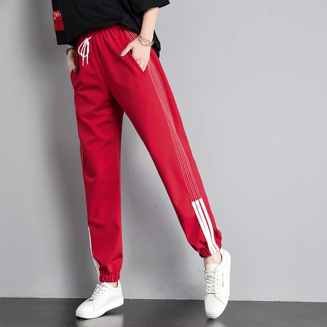 Women Fashion Red Casual Loose Dance Pants Streetwear Spring Sweatpants White Striped Elastic