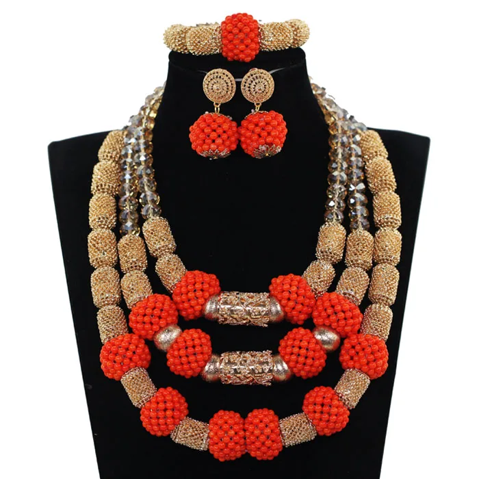 Бусины натуральный коралл ожерелье Набор Элегантный женский коралловый Свадебный костюм набор украшений 26 дюймов для Африканской традиционной свадьбы ABH593 - Окраска металла: 16