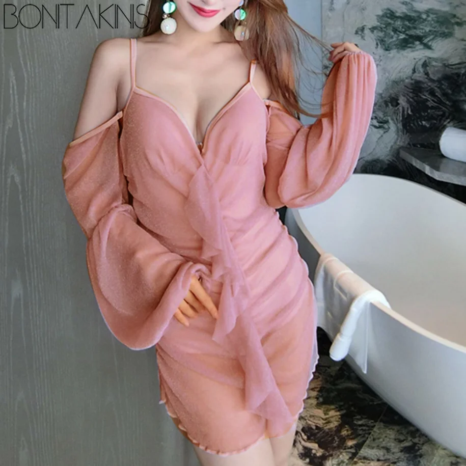 Bonitakinis с длинным рукавом сплошной сетки купальный костюм тонкий Раффлед тариф Лолита консервативный пляжный солнцезащитный купальник утолщенная подкладка