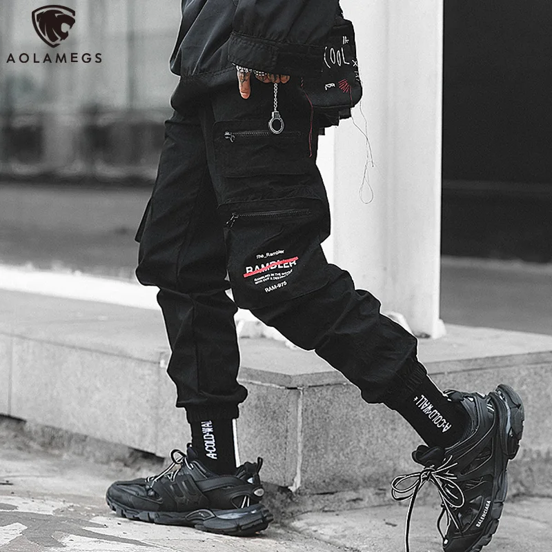 

Aolamegs Sweatpants Solid Color Cargo Pants Men Zipper Big Pockets Drawstring Elastic Waist High Casual Loose Street Streetwear