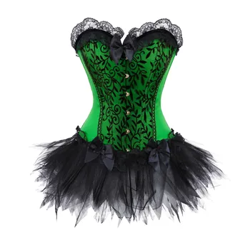 

Lace overlay Evening Casual Corset Dress Sexy Women's green Lingerie and black Lace Mini Skirt Showgirl Dance S-2XL