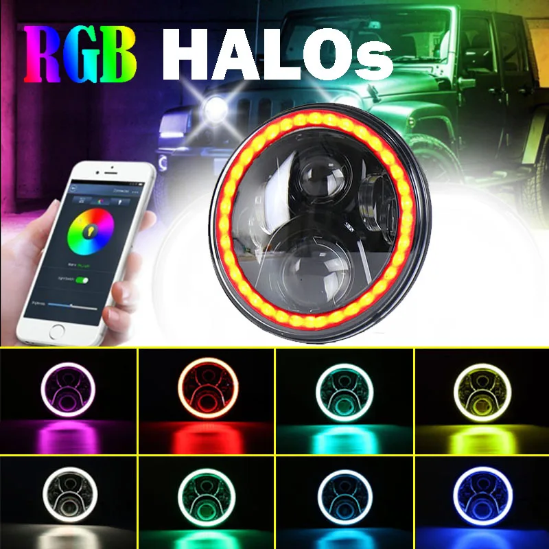 

DC 10~30V 6500K 7'' LED Headlight with Bluetooth RGB Halo for 97-17 Jeep Wrangler JK Lamp Bulb LED Running Light Kit