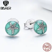 Аутентичные Настоящее серебро 925 пробы синий океан зеленый фантазия Морская звезда серьги для женщин гвоздики серьги ювелирные изделия серьги