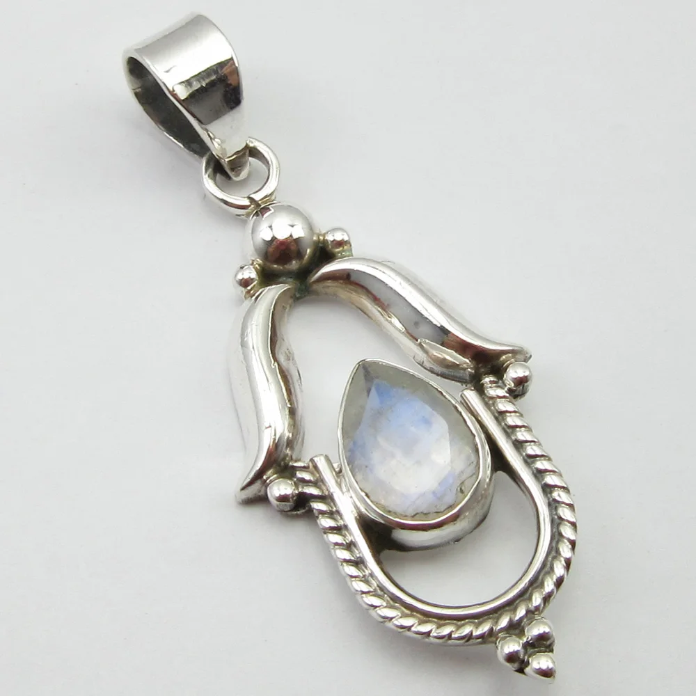 

PURE SILVER Blue RAINBOW MOONSTONE Fashion Pendant 1.8" ! Factory Direct