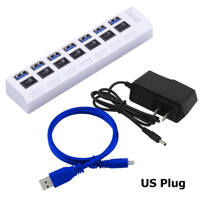 USB HUB 3,0 Супер скорость 5 Гбит/с 7 портов USB 3,0 usb-хаб с переключателем включения/выключения Platooninsert для компьютера ноутбука периферийные устройства - Цвет: White and US Adapter