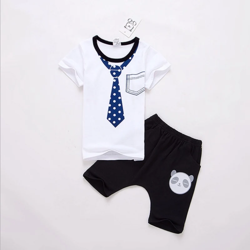 Летние детские костюмы, детские футболки с галстуком-бабочкой, комплекты одежды для мальчиков, футболка с рисунком+ штаны, модная одежда - Цвет: black