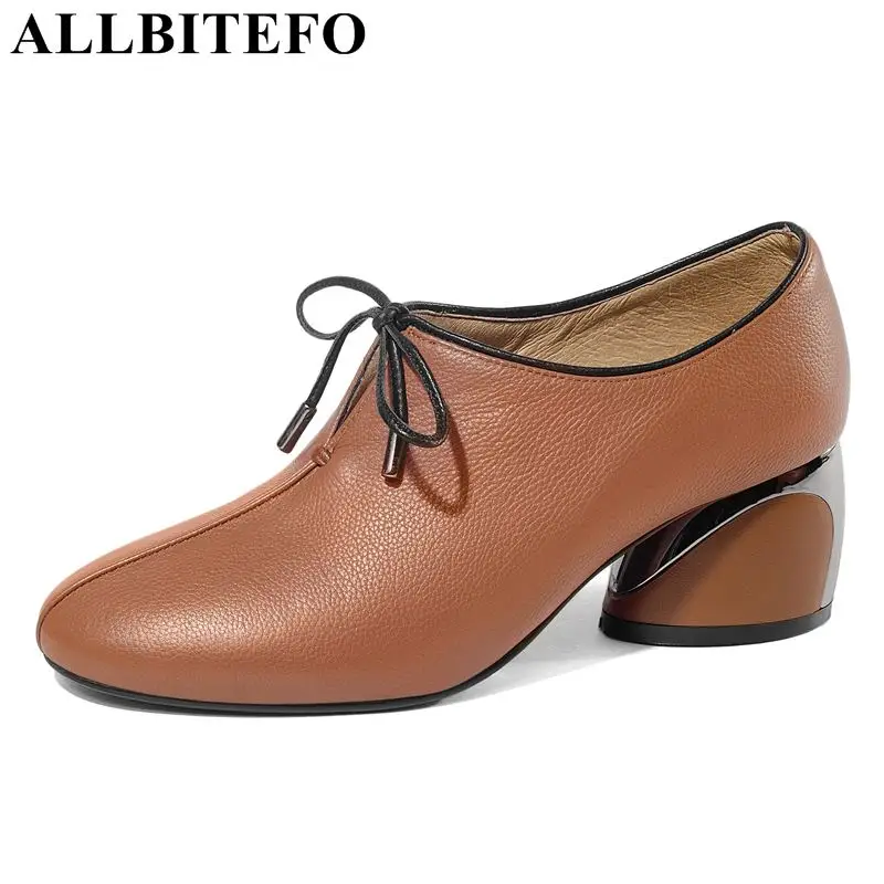

ALLBITEFO hot sale full genuine leather thick heel women pumps women high heel shoes office ladies shoes large size:34-41