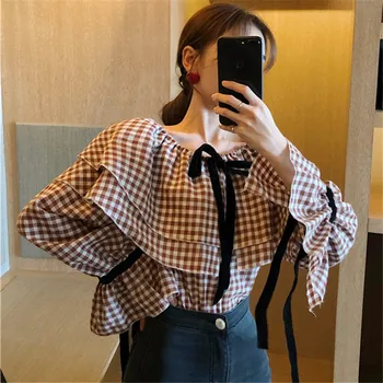 

Lychee Girls Sexy Plaid Bow Women Blouses Shirts Flare Long Sleeve Off Shoulder Female Blouses Spring Autumn Shirts