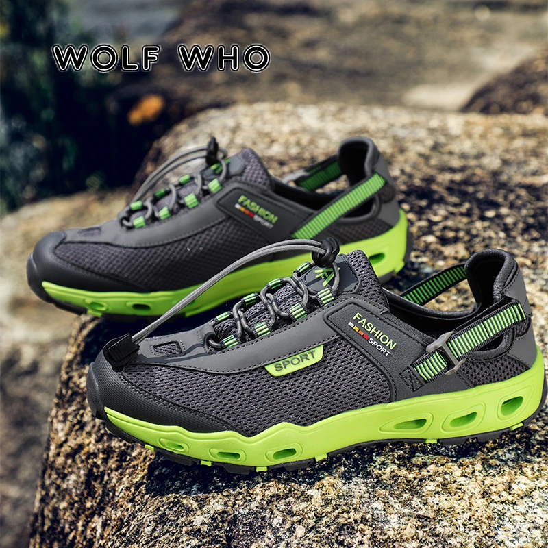 

WOLF WHO New Men Summer Outdoor Sandals Handmade Male Beach Sandals Men Non-slip Slip On Plus Size 48 Water Sandale Homme X-047
