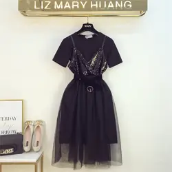 Летнее платье женщина новая Гонконг вкусом средней длины шелк футболка + слинг блестки патч марлевая юбка из двух частей женские юбки