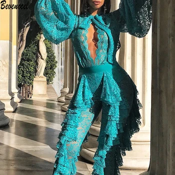 

2020 Newest Fashion Women Jumpsuits Long Puff Sleeve O Neck Front Split Lace Ruffles Hollow Out Celebrity Party Jumpsuits