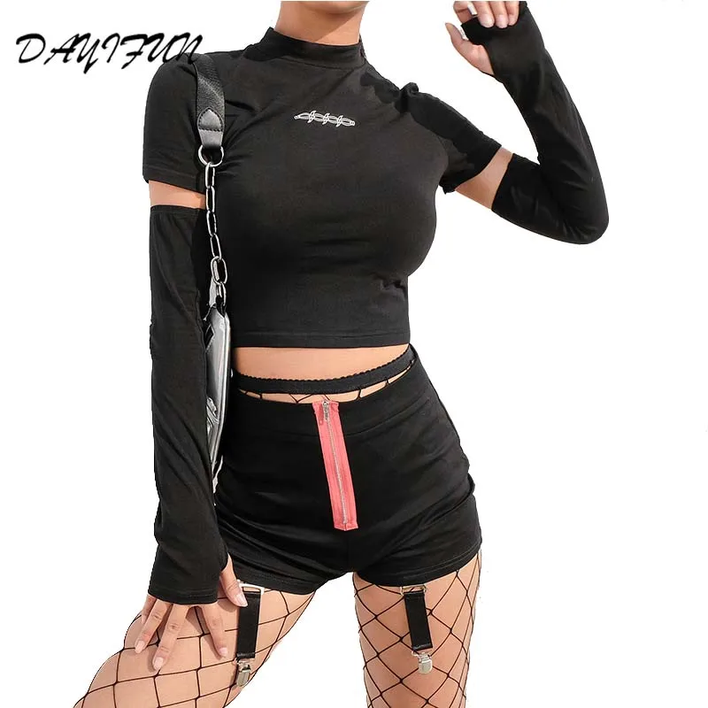 

New Casual slim black t-shirt women long sleeve crop top print detachable 2019 summer tshirt basic short tee shirt femme HT4049M