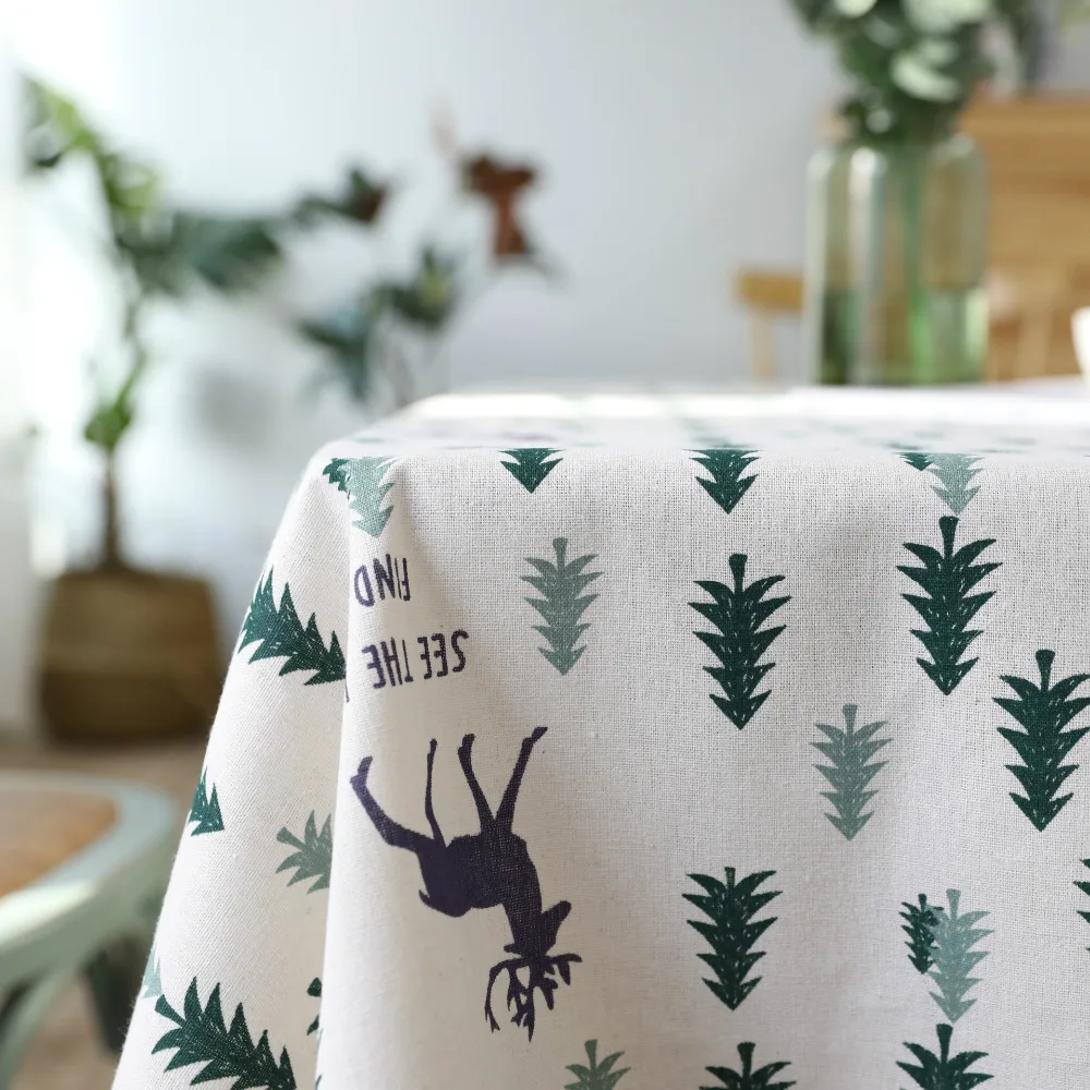  Linen Cotton Tablecloth Fresh Green Tree Fawn Washable Coffee Dinner Comfortable Table Cloth for Ch